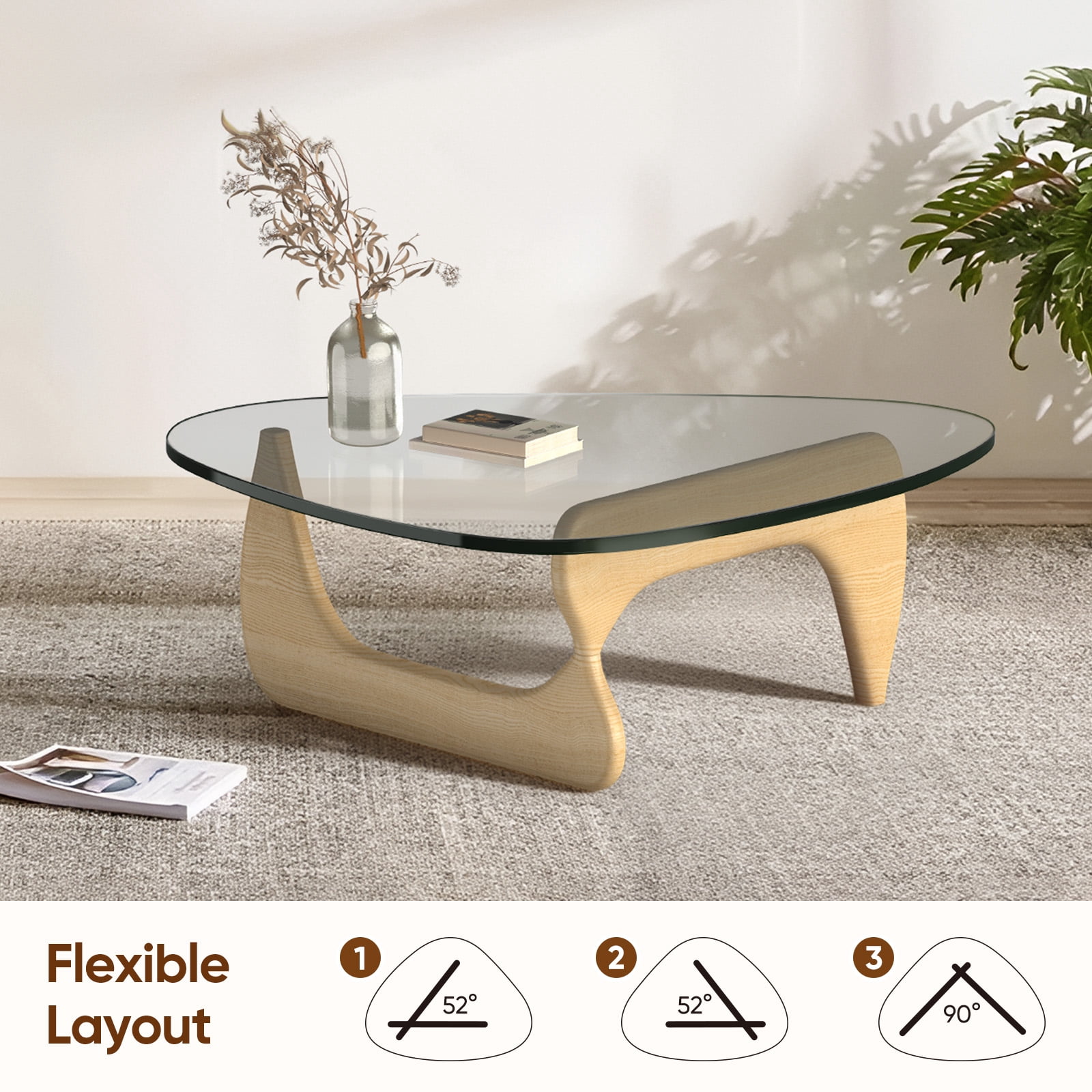 Cottinch 50" Triangle Glass Coffee Table with Wood Base for Living Room Office, Light Walnut, Natural Wood
