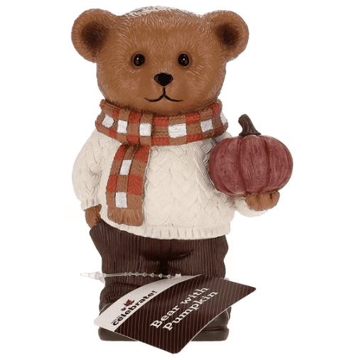 Resin Bear with Pumpkin Decorative Figurine, Multicolor, 6", Thanksgiving Bear Figurine Wearing Plaid Scarf, Cute Fall Season Tabletop Home Decoration