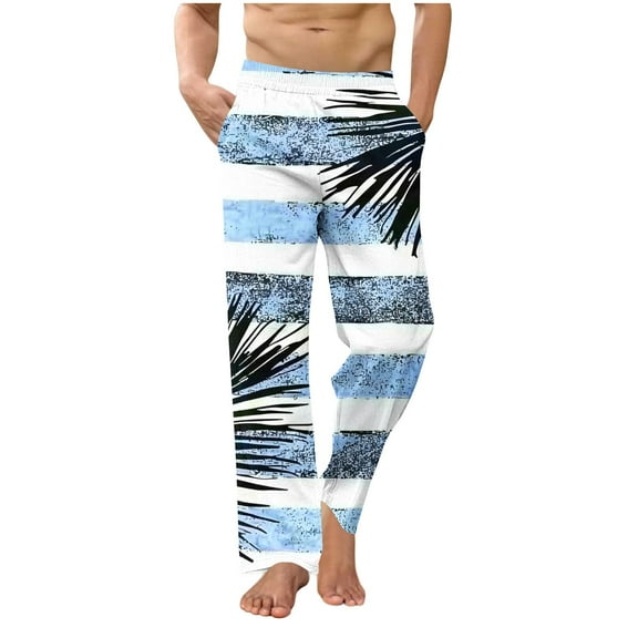 LNWUY Men's Fashion Printed Casual Pants Loose Fit Cotton Linen Blend Pocket Yoga Pants with Stretch Waistband Green XXL