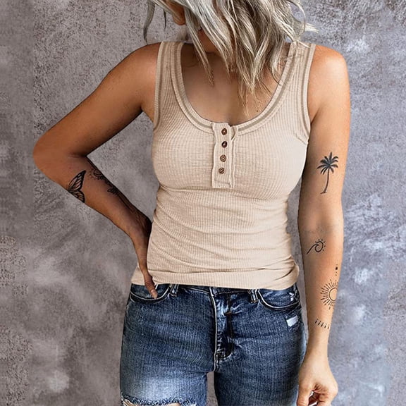 HOWPAY Tank Tops for Women Summer Casual Basic Slim Fit Tee Sleeveless Solid Color Scoop Neck Tops Lightweight Stretchy Comfy Camisole Beige L