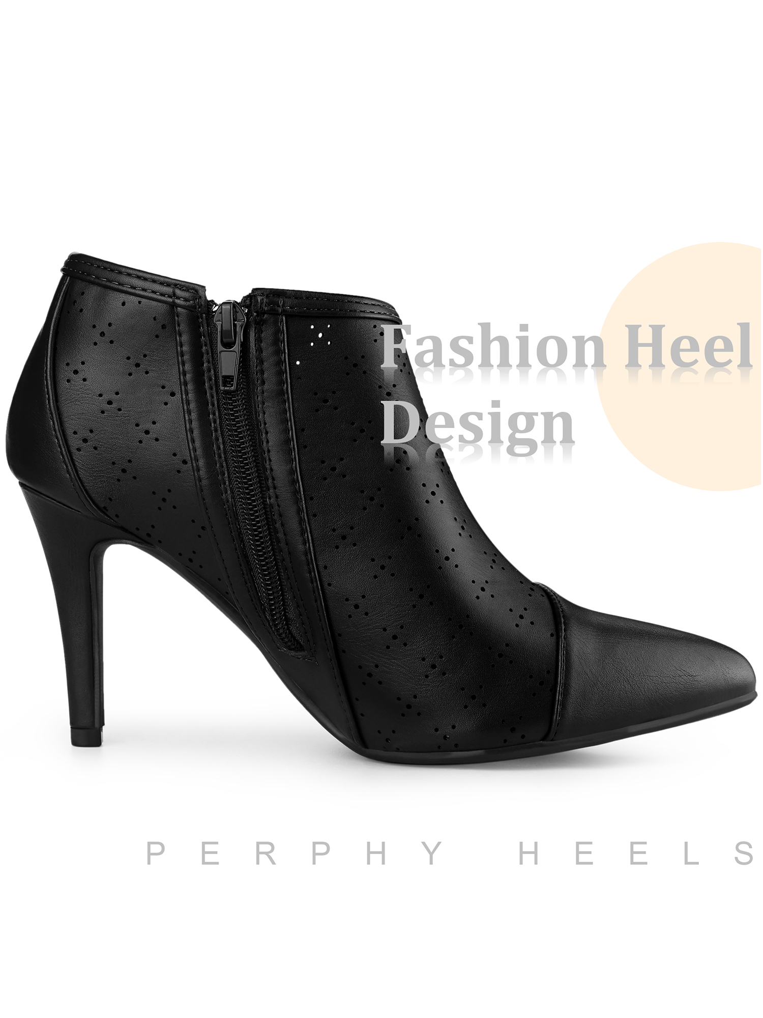 DARING DIVA Women's Perforated Pointy Toe Zipper Stiletto Heeled Ankle Boots Black 9.5