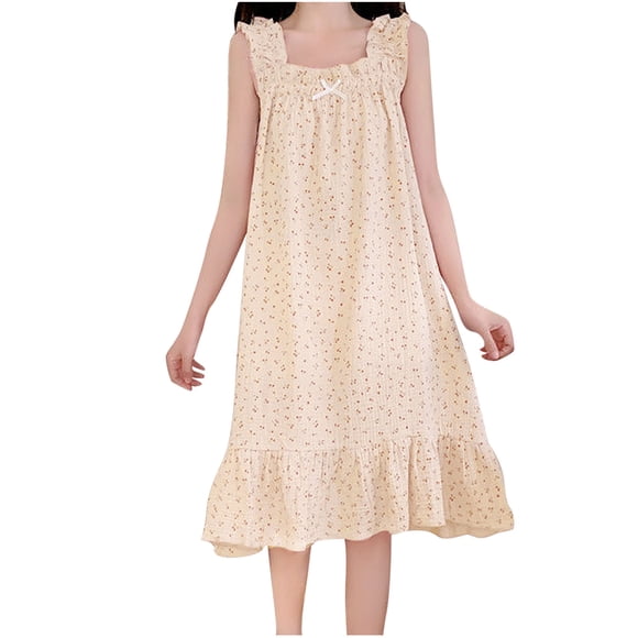 Besolor Nightgowns for Women Cute Bowknot Floral Print Ruffle Hem Sleeveless Sleep Shirt Nightshirt Ladies Nightdress