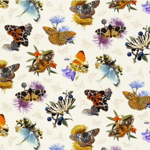 Elizabeth's Studio Butterflies and Moths Cream Large Moths 100% Cotton Fabric sold by the yard