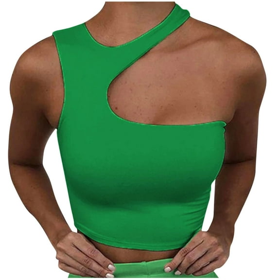 ZQUUVOU Tank Top For Women One Off Shoulder Summer Sleeveless Solid Camisoles Blouses (Green,S)