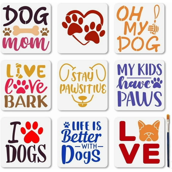 9Pcs Dog Paw Print Stencil 5.9×5.9inch Cute Puppy Painting Stencils Reusable Love Mom Bark Template DIY Craft for Painting on Wood Furniture Canvas Wall Decoration colorful