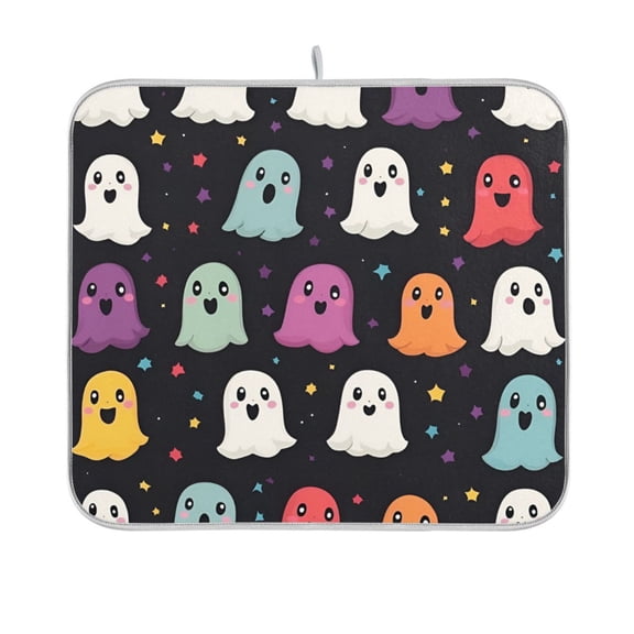 Yayeee Dish Drying Mat for Kitchen Counter 16"x18" Microfiber Absorbent Pad, Colorful Halloween Ghost