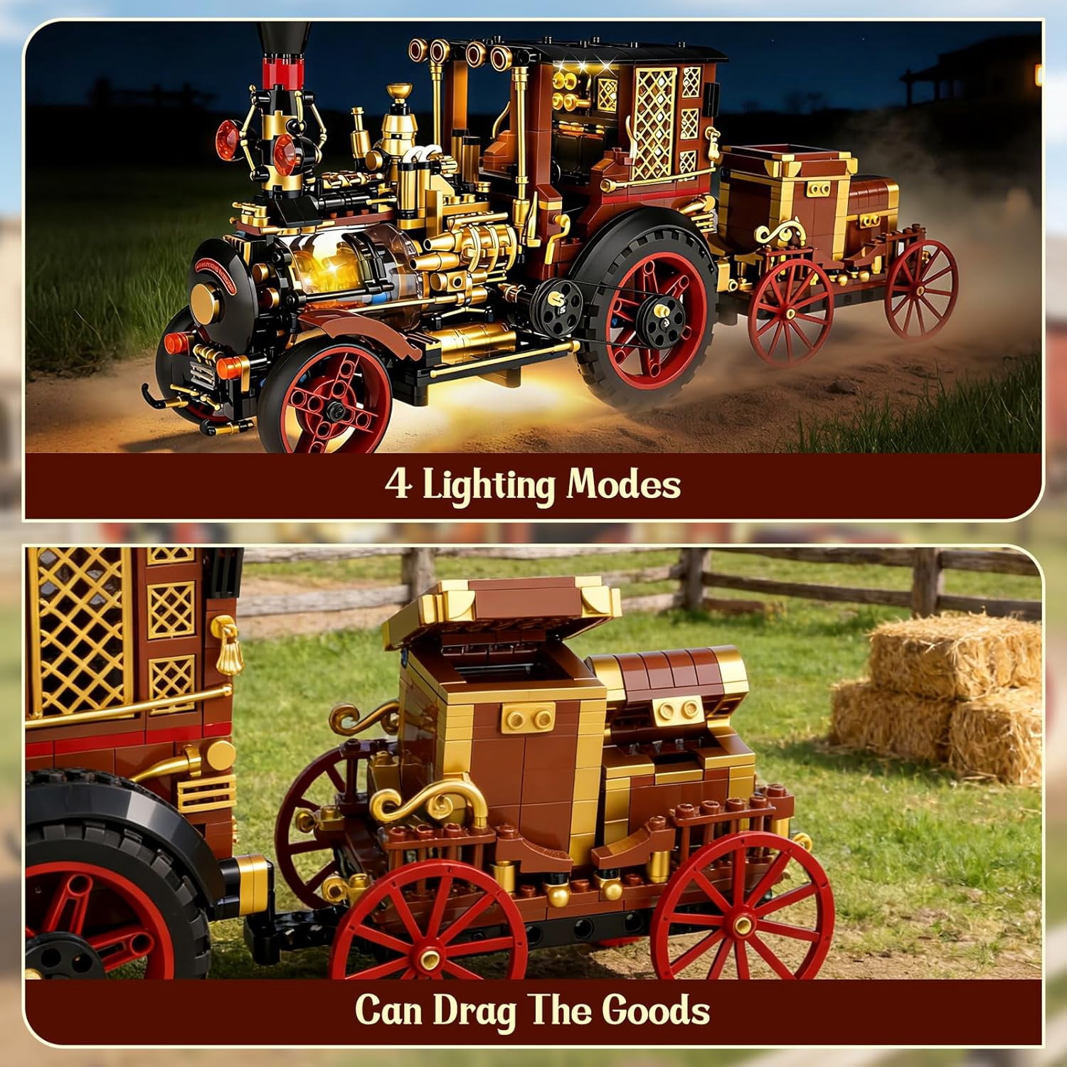 Vintage Car Steam Engine Building Blocks Set with Lights, Western Retro Steam Tractor Locomotive Model Building Kit for Vintage & West Lovers