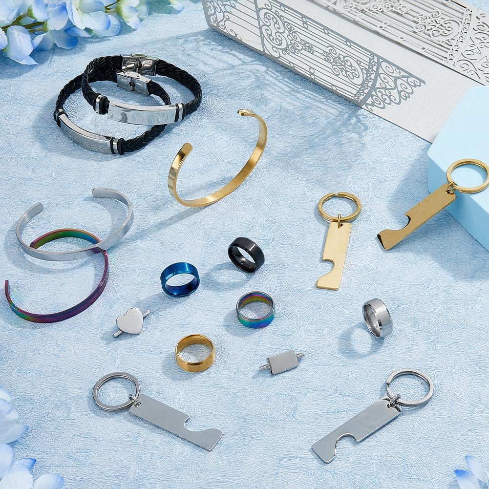 184Pcs Jewelry Making Engraving Accessories 304 Stainless Steel Laser Engraving Materials Engraved Motivational Charms Including Blank Necklaces Bracelets Keychains Rings for DIY