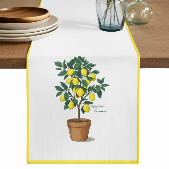 Summer Lemon Table Runner 70 Inches, Yellow Potted Plant Green Botanical Bed Runner Dresser Scarves Tabletop for Indoor Outdoor Parties/Ceremony/Banquet, 13" x 70"