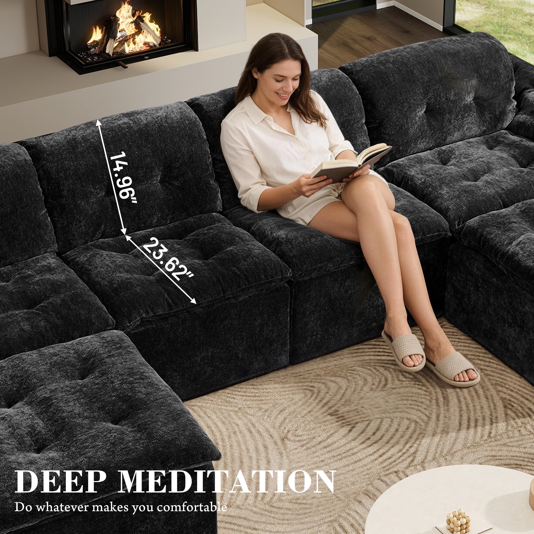 Aukfa 6-Piece U-Shaped Modular Sectional Sofa with 2 Ottomans for Living Room, Ice Flower Chenille, Black