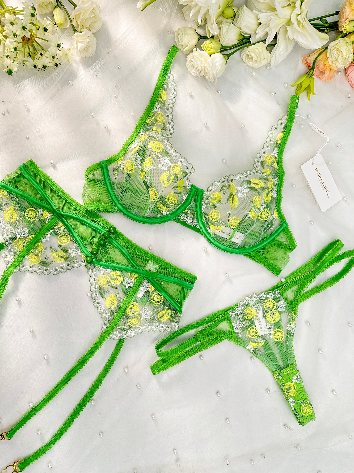 Fresh Lemon Embroidery Lingerie Set (GREEN, S)