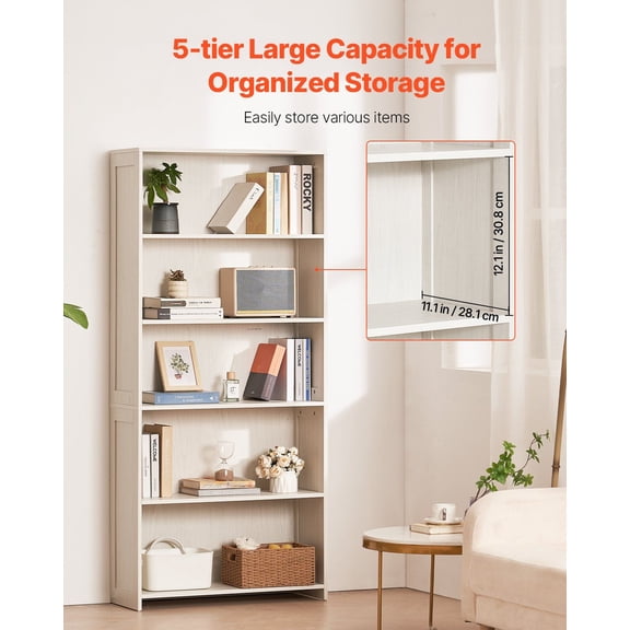 Rustic 5-Tier Bookshelf, 68" Freestanding Wooden Open Shelf Storage Unit, White Finish