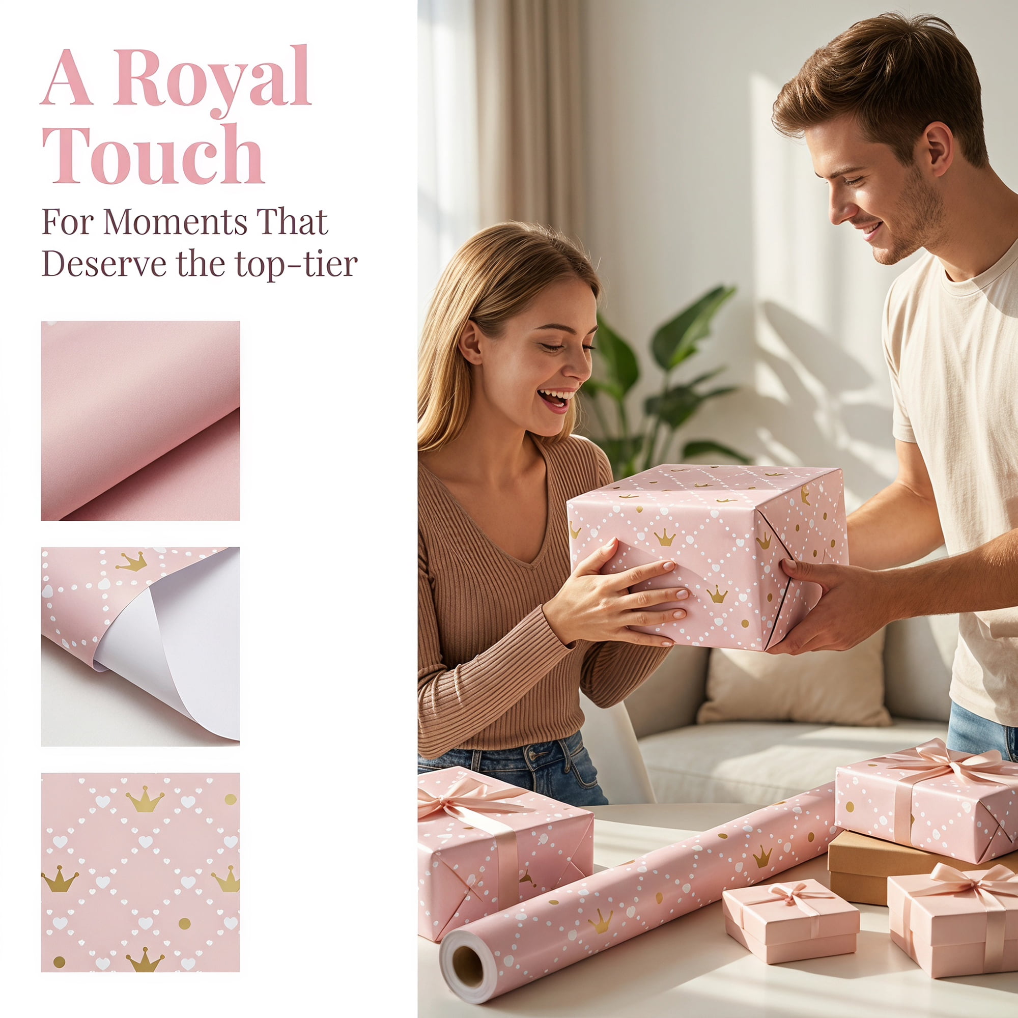 Unique Bargains Crown Patterned Luxury Gift Wrapping Paper for Occasions Pink 39.4"x 27.6"