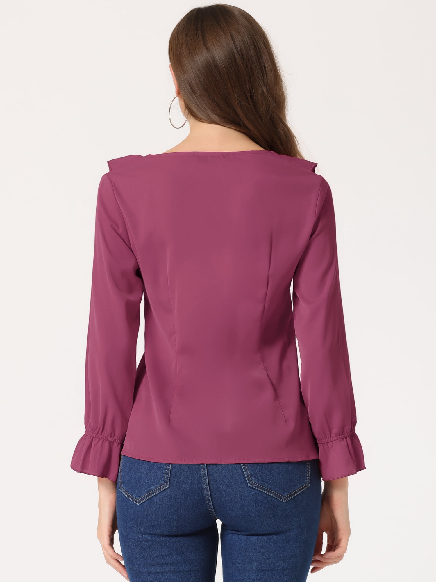 DARING DIVA Women's Ruffle V Neck Chiffon Peasant Blouse L Fushcia