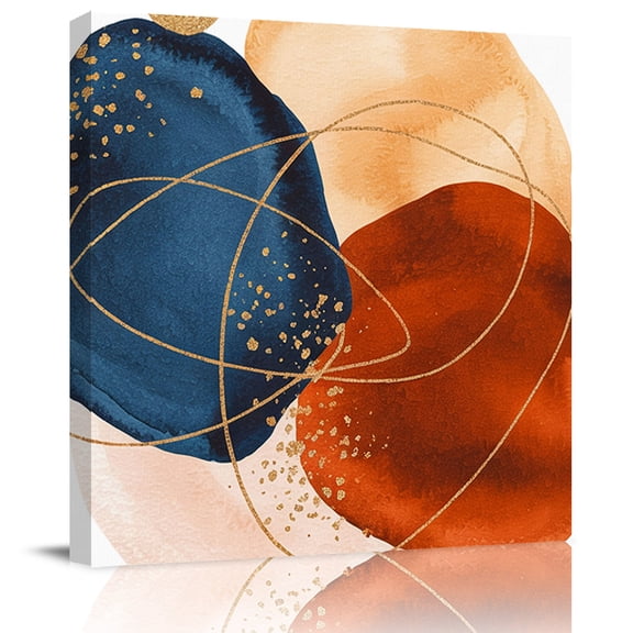Abstract Boho Geometric Art Canvas Artwork Painting Art, Navy Blue Burnt Orange Graffiti Square Framed Wall Decorations Prints Picture for Bedroom Kitchen Living Room, 8x8 in