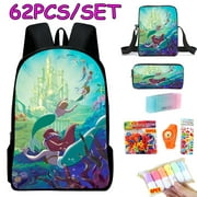 The Little Mermaid Kids School Bag Serviceable Soft Cartoons Art Ariel Camping Bagpack with Crossbody Bag and Pen Case 62Pcs for Girls Aged 7 to 15 Years Good Gift For Girls Boys