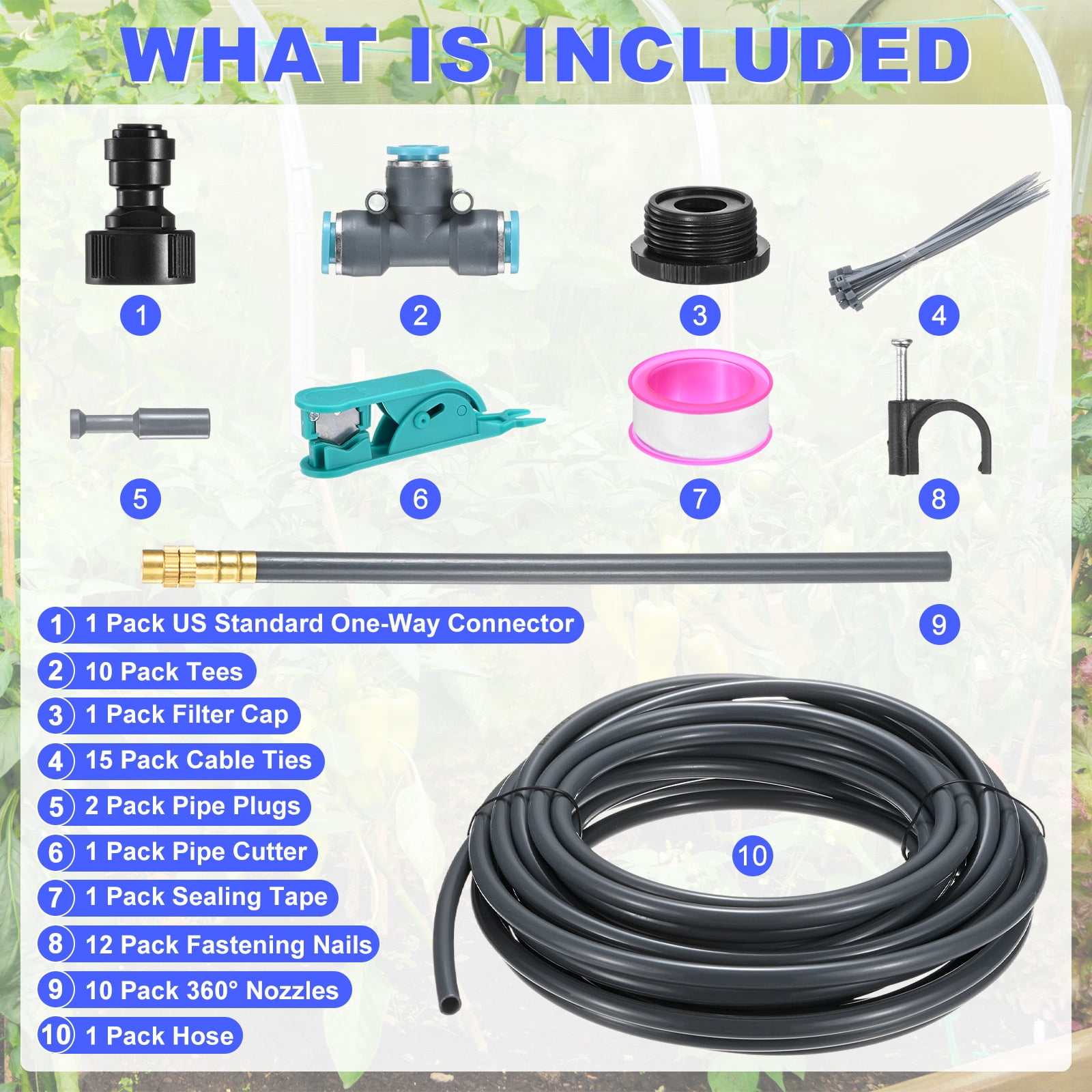 Uxcell 1-Set Drip Irrigation System, 30Ft 5/16" Hose Garden Watering Misting System with 10pcs 360° Adjustable Copper Nozzles