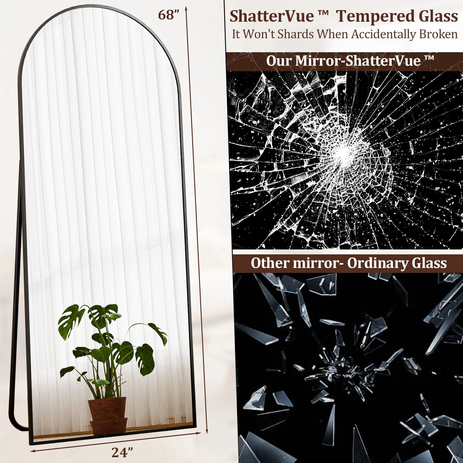Easy4Home 68.1"x 24" Arch-Top Floor Mirror Metal Frame Free-Standing & Wall-Mounted, Black