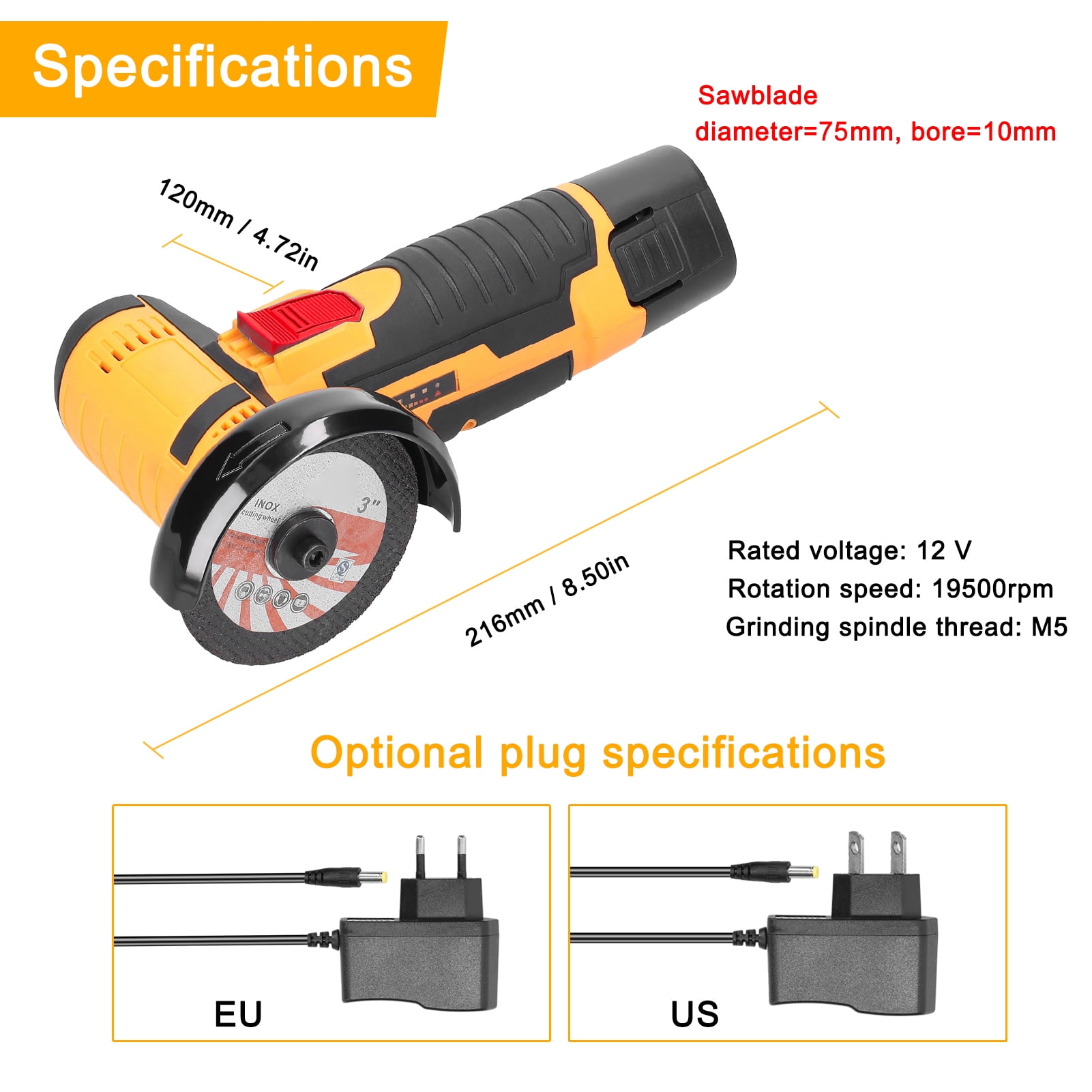 19500rpm Angle Grinder 19500rpm Electric Grinding Tool, Multifunctional Angle Grinder, Handheld Cutter with Cutting Polishing Ceramic Tile Wood Stone Steel, High Speed, Low Noise, ABS