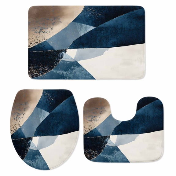Navy Blue Brown Bath Mat 3 Piece Bathroom Rug Set, Modern Geometric Abstract Art Non Slip Bath Rug Contour Mat and Toilet Lid Cover, Absorbent Shower Mats Soft Bath Rugs and Mats Sets