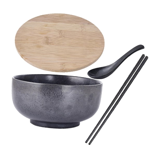 Round Noodles Tableware Food Containers Japanese Style Stackable Wooden Lid Dinnerware 1500ml Porcelain Ramen For Rice Udon Gris Baoblaze tazón de fideos