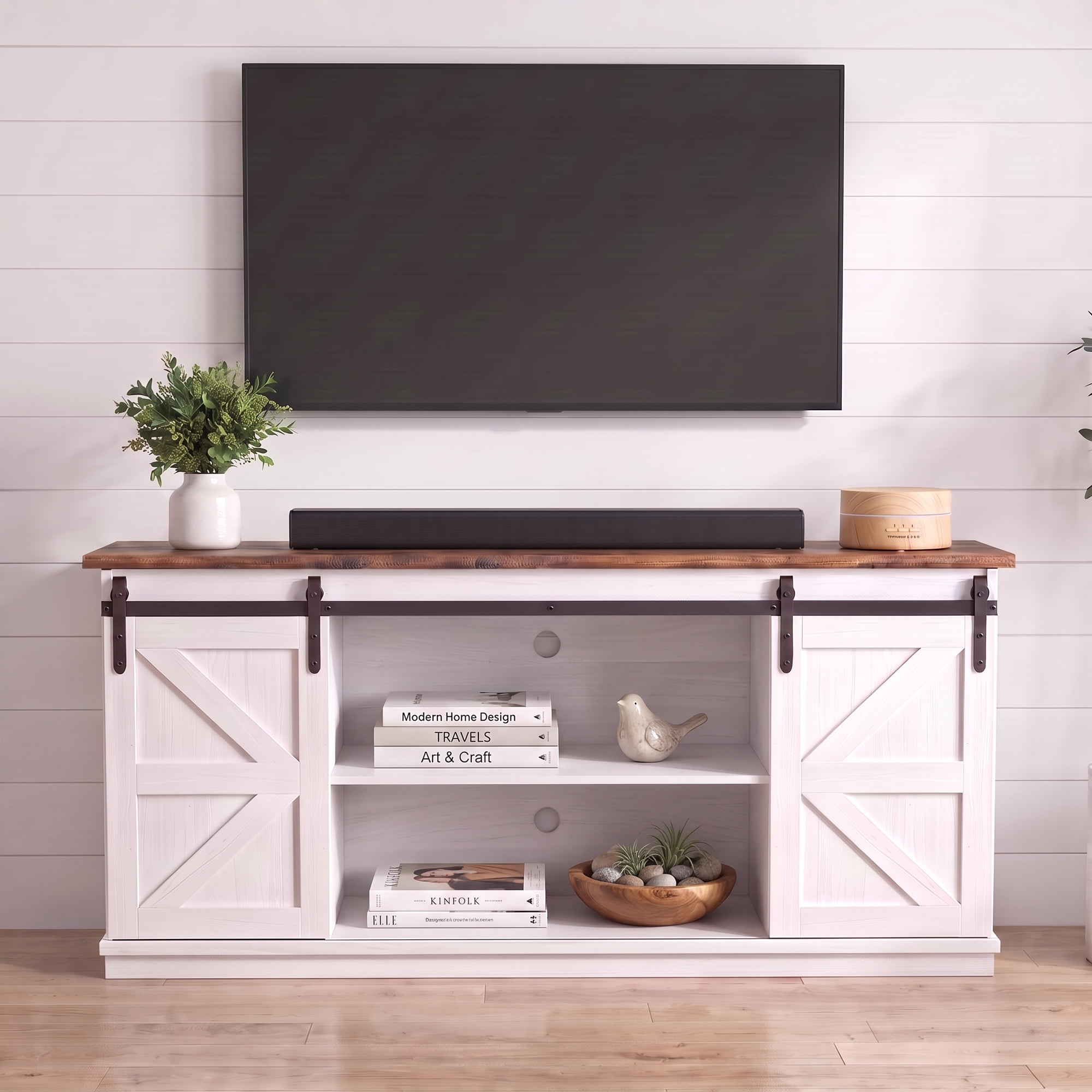 Homall 58'' TV Stand for TVs up to 65'', Storage Cabinet with Sliding Barn Door, Entertainment Center, White