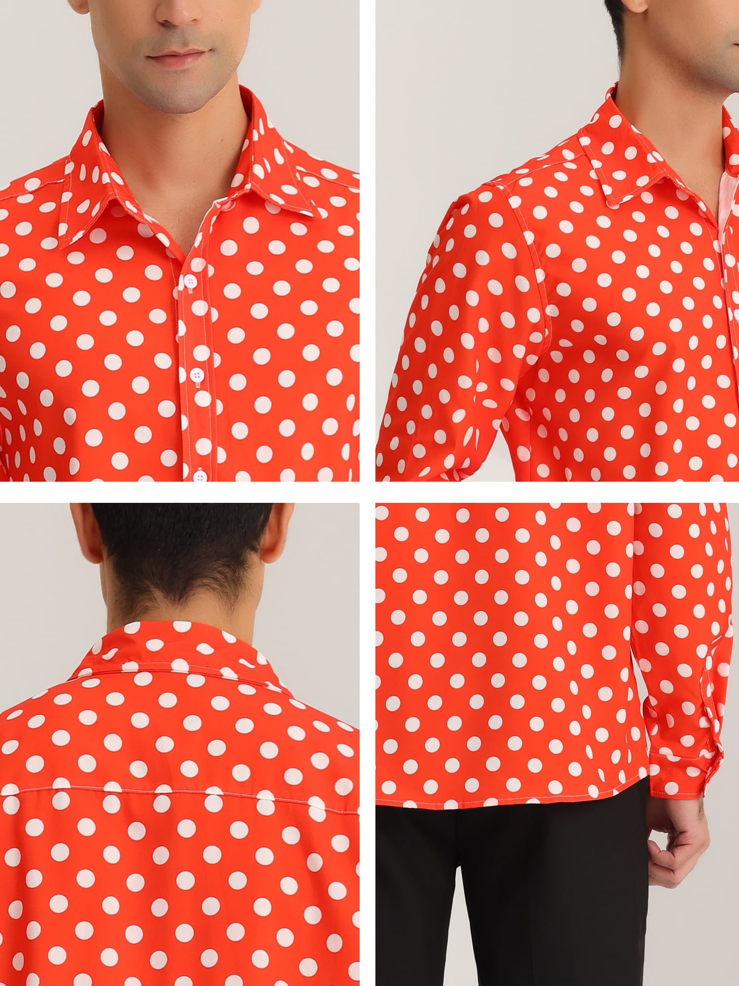 Unique Bargains Men's Polka Dots Print Dress Shirt Long Sleeves Casual Shirts M Red