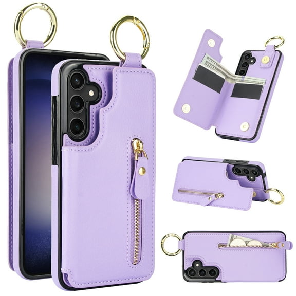 Cutyskin for Samsung Galaxy S21 Plus Wallet Case【RFID Blocking】 with Card Holder Cash Pocket Zipper Bills Slot, Soft PU Leather Magnetic Back Folio Kickstand, Finger Ring Holder Hook Case, Purple