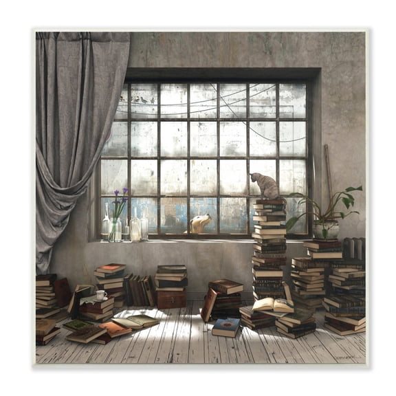 Stupell Industries Cozy Bookstack Study Cat Dog Pet Design Graphic Art Unframed Art Print Wall Art, 12x12, by Cynthia Decker