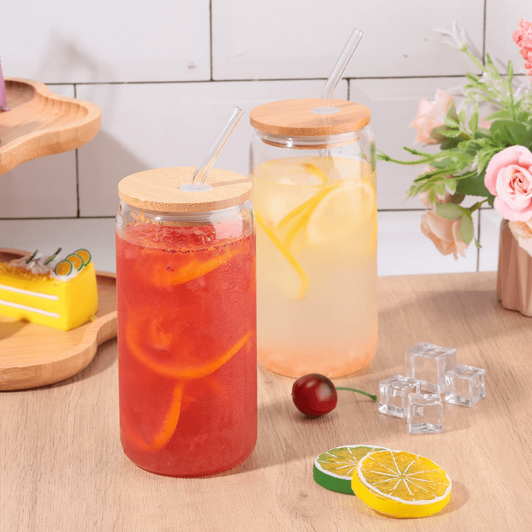 6 Pack Glass Cups Set - Glass Cups with Bamboo Lids and Glass