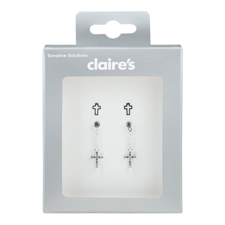 Claire's Tween Silver and Rhinestone Cross Earring Set, Stud and Dangle Earrings, 4 Pieces