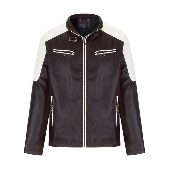 IROINNID Men's Faux Leather Long Sleeve Color Block Comfy Coat Slim Trend Plush Youth Jacket Coat