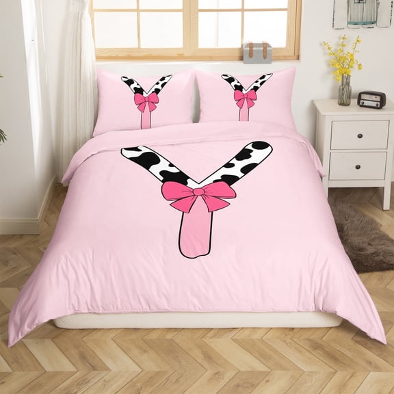 Erosebridal Initial Monogrammed Comforter Cover Twin,Bowknot Cow Print Bedding Twin Size,Ultra Soft Reversible Comforter Cover Twin,Kawaii Room Decorative,3-Piece(No Comforter)