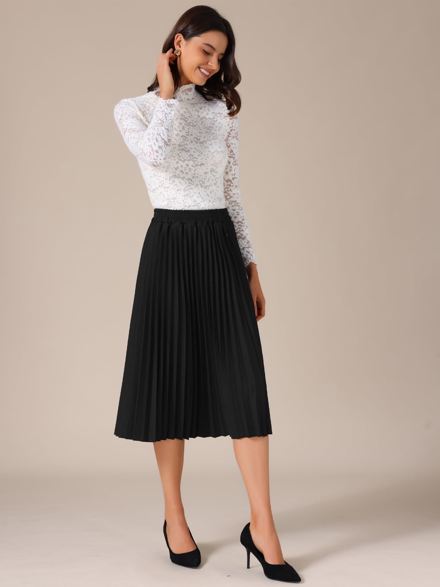 DARING DIVA Women's Pleated Midi Elastic A-Line Swing Flowy Long Skirts X-Large Black