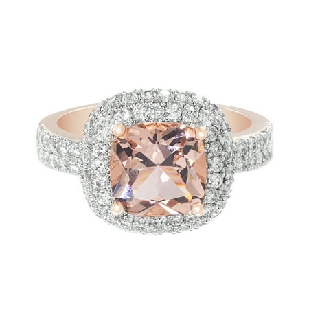 - Simulated Morganite White Cubic Zirconia Double Halo Cushion Cut Ring