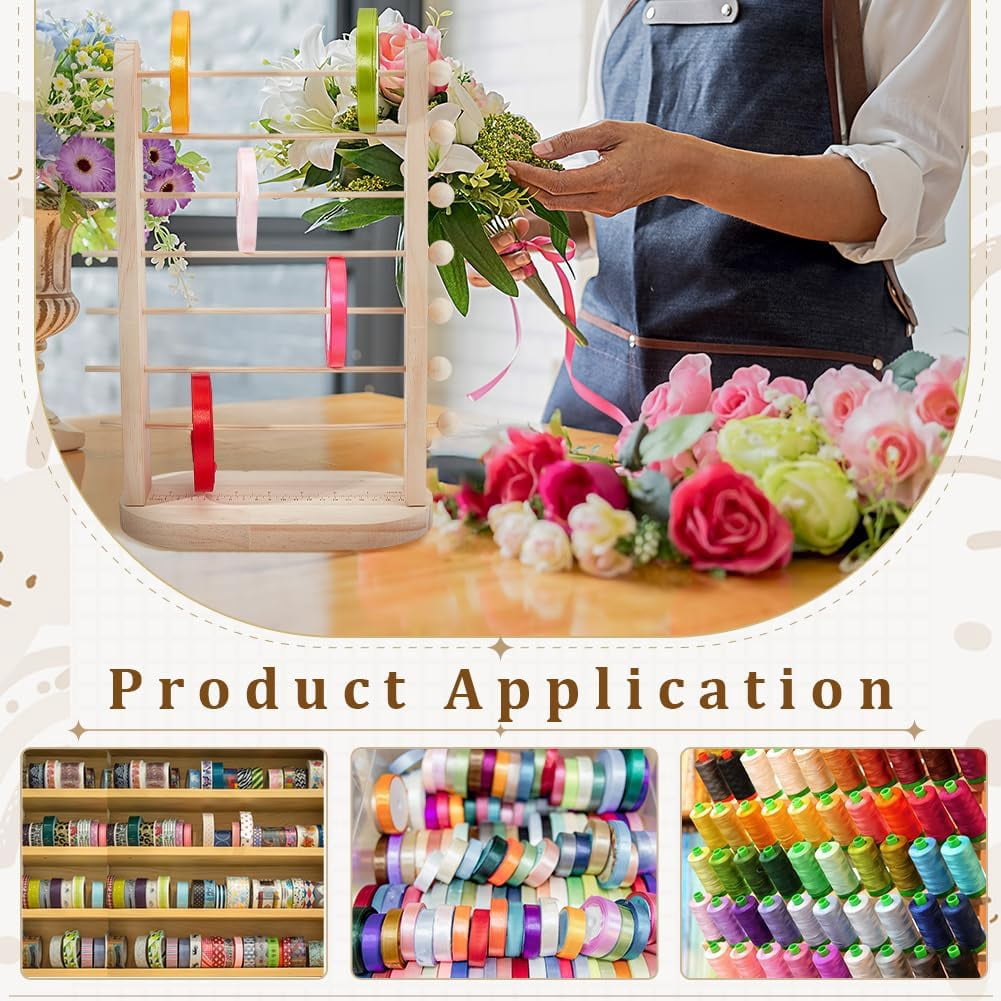 PH 7-Tier Wooden Ribbon Organizer Rack Spool Holder Storage Ribbons Storage Stands Thread Organizer Holder Crochet Roll Display Shelf for Mesh Wreath Tulle Sewing Craft Gift Wrapping