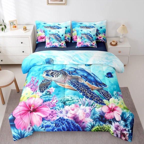 jejeloiu Funny Turtle Twin Bedding Sets 7-Piece,Watercolor Flower Floral Bedding Comforter Set,Ocean Coral Sheet Sets,Microfiber Room Decor Reversible