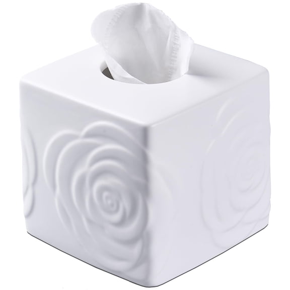White Ceramic Carved Flowers Large Square Tissue Box Cover Holder Decorative for Bathroom, Vanity, Kitchen Countertop, Bedroom Night Stands, Office Desk Top