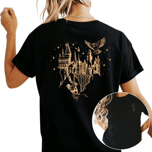 Women's Golden Wizard Castle Owl Wand Graphic T Shirt Fantasy Magic Castle Print Boho Casual Short Sleeve Round Neck Top Black S-5XL