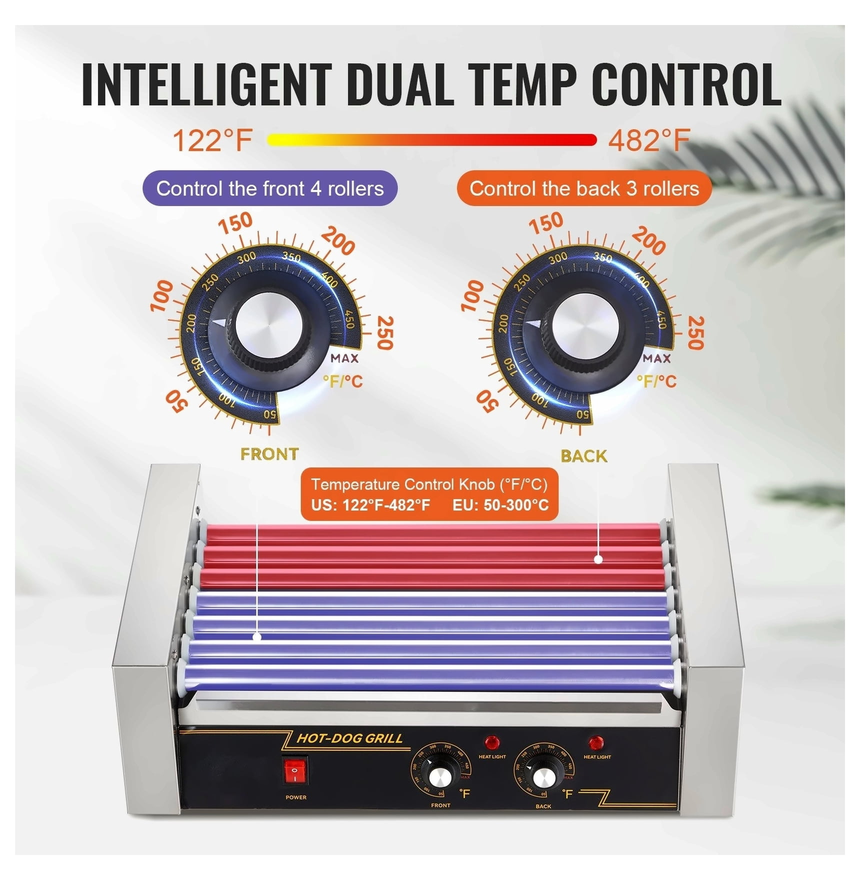 Hot Dog Roller 7 Rollers 18 Capacity 1050W Stainless Steel Sausage Grill Cooker Machine with Dual Temp Control & Bun Warmer