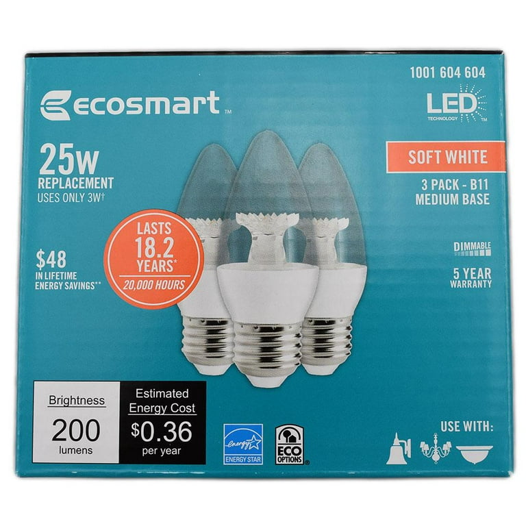 Ecosmart 25 Watt Equivalent B11 Dimmable Energy Star Led Light Bulb Soft White 3 Pack Com Ecosmart 25 Watt Equivalent B11, Ecosmart Light Bulbs Warranty