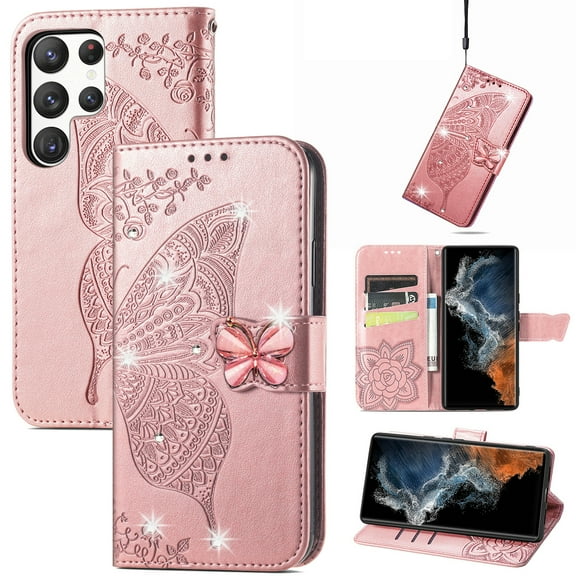 Feishell for Samsung Galaxy S22 Ultra Wallet Case for Women Girls,Bling Diamond Butterfly Embossed PU Leather Magnetic Clasp Flip Kickstand ID Credit Card Slots Phone Case with Wrist Strap,Rosegold