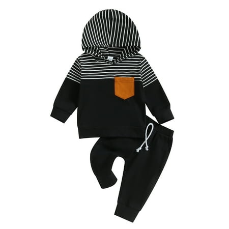 

0-3Y Autumn Casual Baby Boys Clothes Sets 6M 12M 18M 24M 3Y Striped Pocket Patchwork Long Sleeve Hooded Tops+Elastic Pants