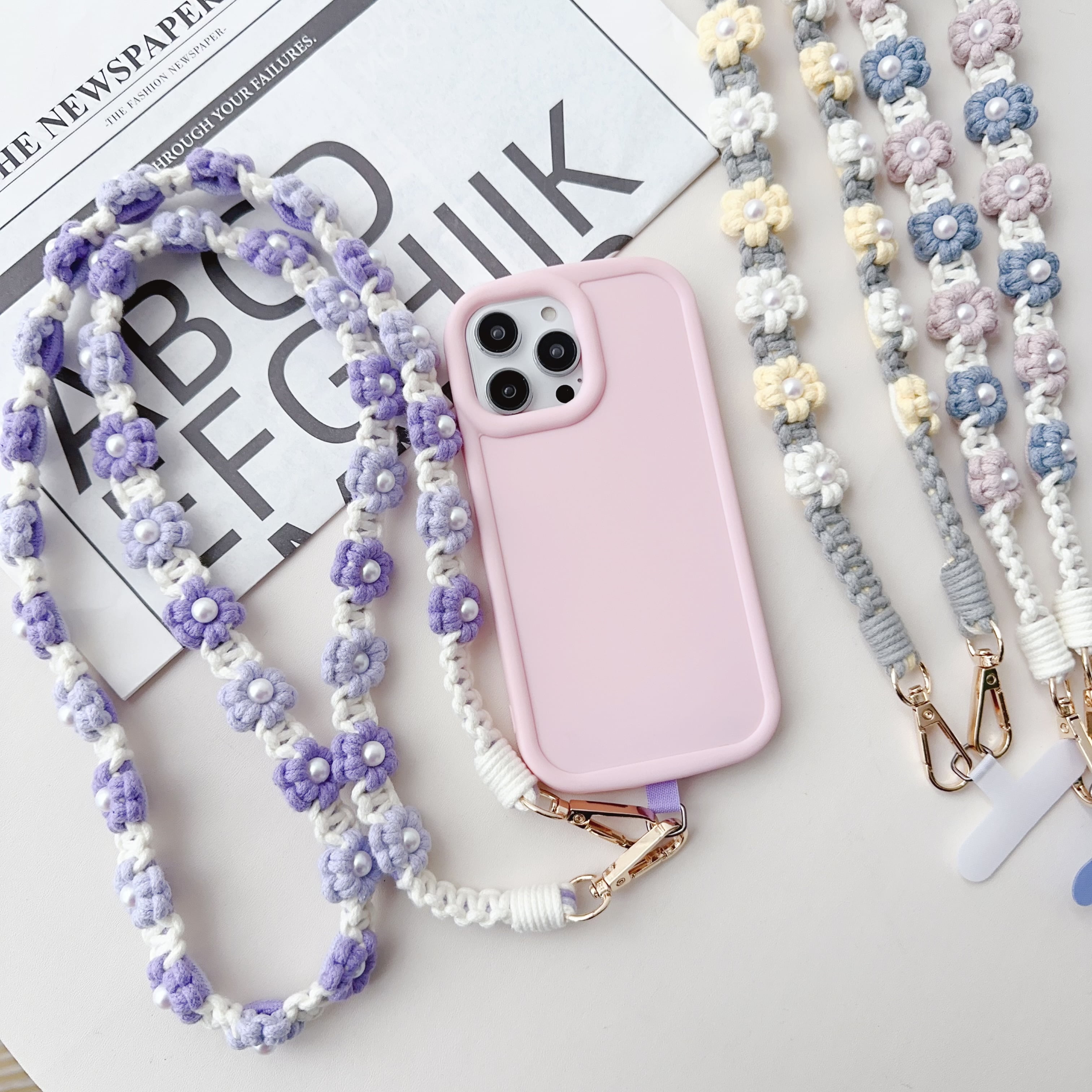 ELEHOLD Phone Crossbody Chain CellPhone Lanyard Strap,Universal Phone Chain Strap with Tether Patches Compatible with Most Phones,Purple Purple White