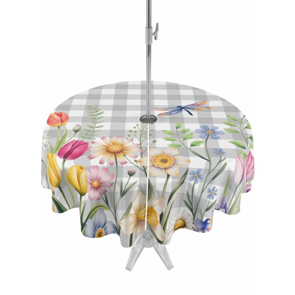 Outdoor Tablecloth with Umbrella Hole for Patio/Picnic/Party/Camping, Wildflowers Waterproof Table Cloth Round Cover Washable, Spring Watercolor Tulip Floral Leaf Grey Plaid (Dia 60")