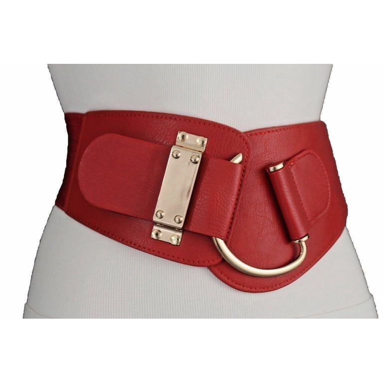 New Women True Red Color Wide Elastic Belt Gold Metal Hook  display picture 1