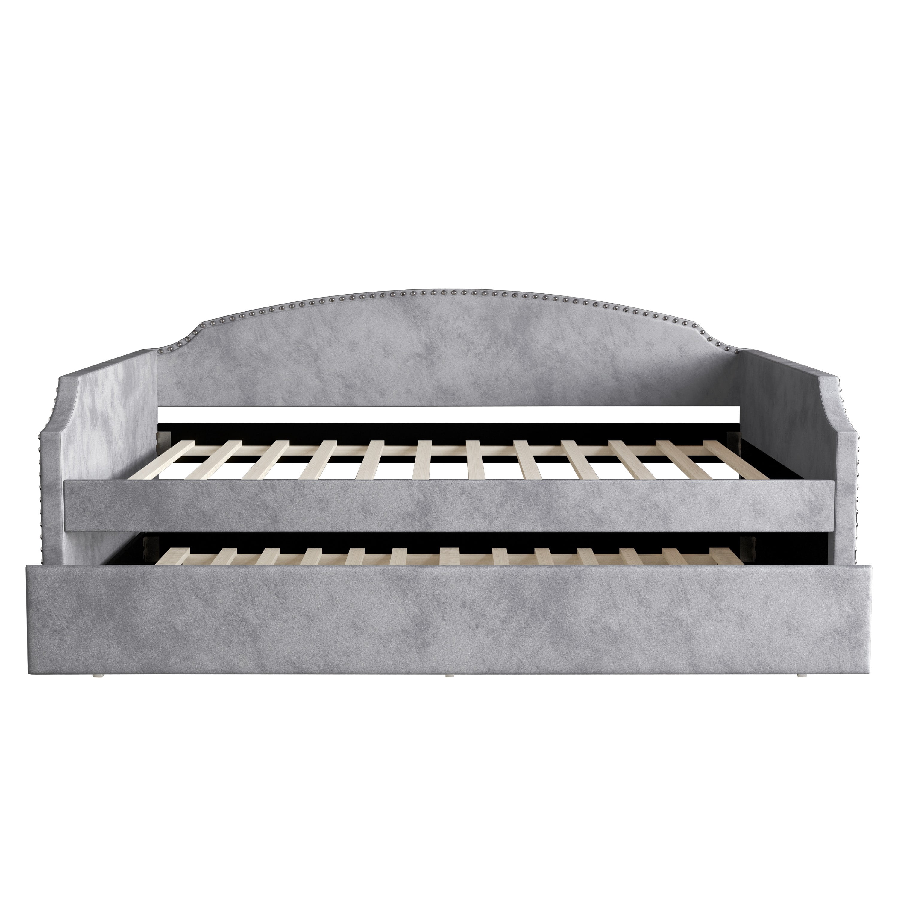 Home Design Kilgore Twin Daybed, Gray Velvet, Scooped Backrest, Chrome Nailhead Trim, Foam Padding, Pull-Out Trundle for Stylish Seating & Sleeping