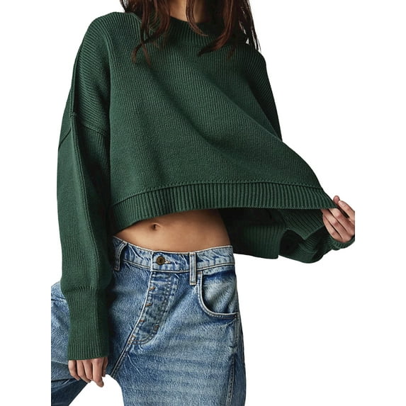 Wassery 2023 Women's Autumn Cropped Knit Tops Solid Color Ribbed Round Neck Long Sleeve Loose Sweaters Knitwear Teen Girls Vintage Streetwear