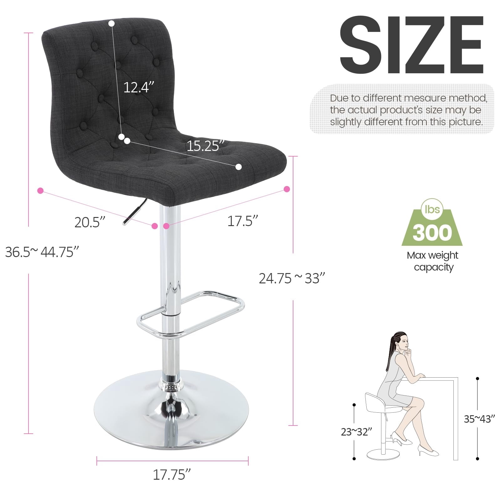 Modern Upholstered Bar Stool with Back Set of 2, Armless 360° Swivel Adjustable Height Linen Padded Bar Chair for Kitchen Island, Dining Room, or Café (Black)