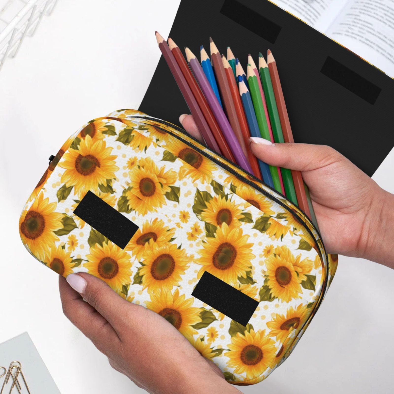 Rateoe Modern Elegant Sunflower Pattern Double Clamshell Pen Case, Storage Organizer with Two Zipper Compartments– Holds Up to 50 Pencils & Pens